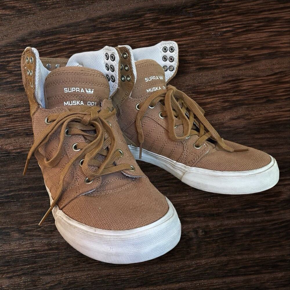 Supra Muska High Top Sneakers 001 Skytop Size 6.5 Mens Khaki Tan Canvas EUC - Picture 2 of 8